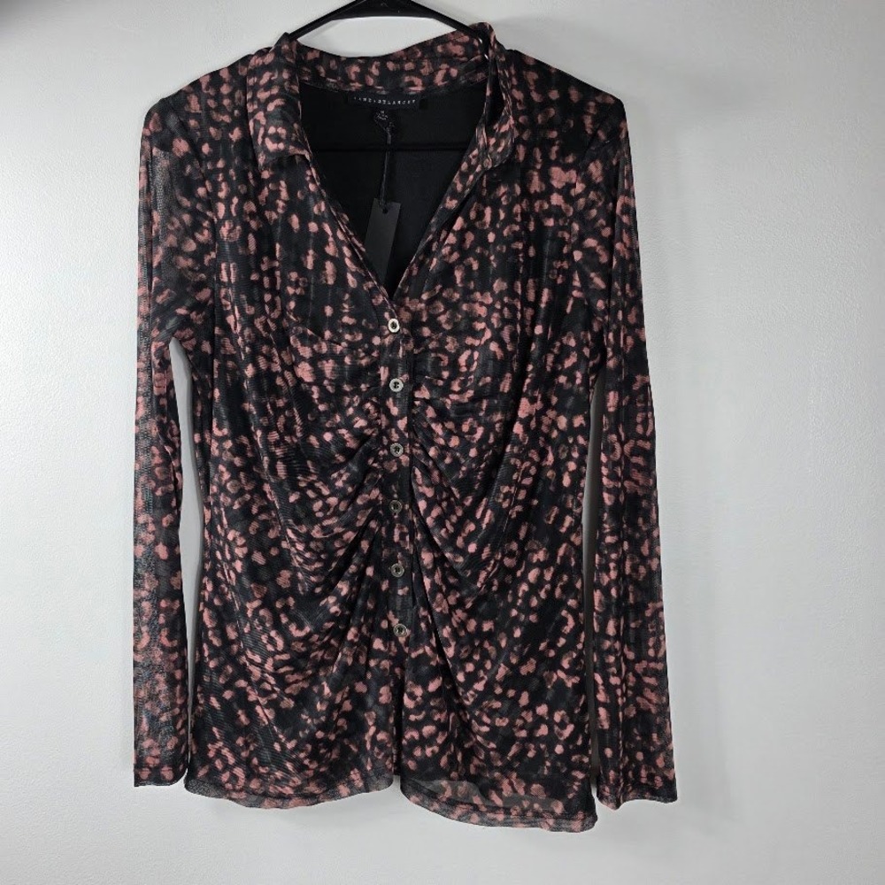 JANE + DELANEY Women's Black Pink Leopard Print Mesh Ruched Top Med